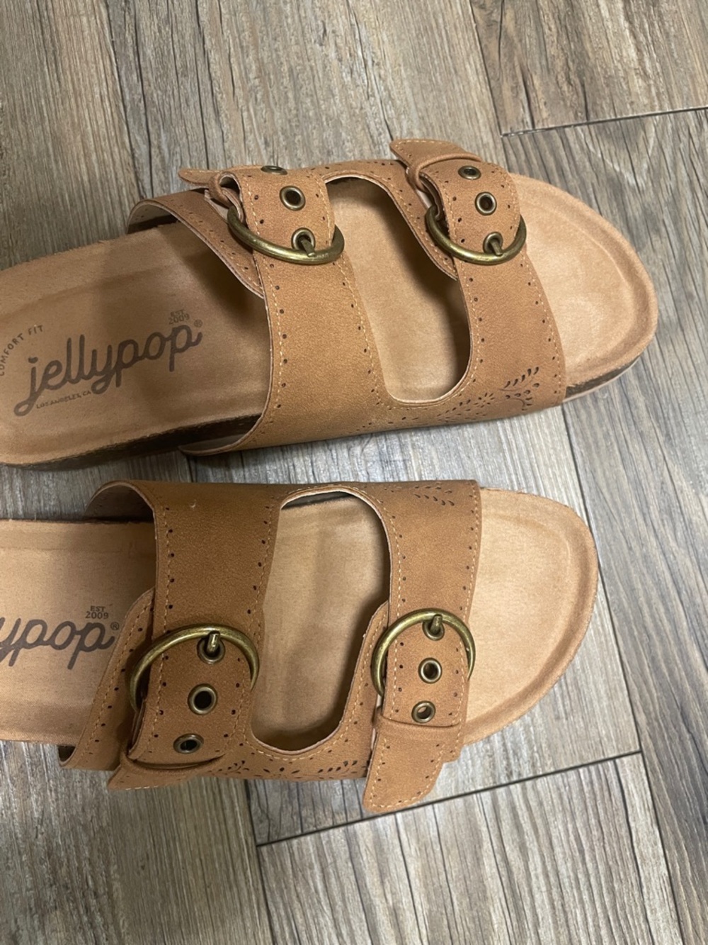 Jellypop Cognac Dual Buckle Slide Sandals